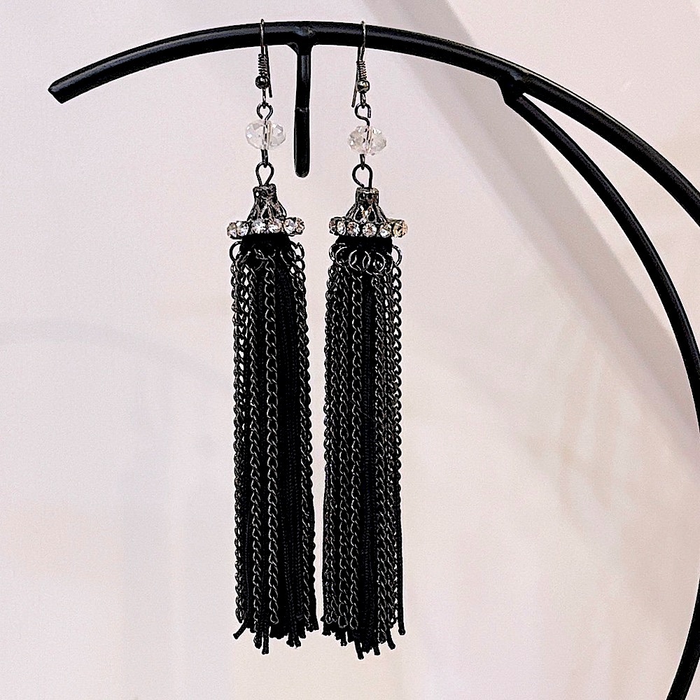Vintage Flapper Costume Tassel Chain Rhinestone Drop Dangle Silver Hook Earrings